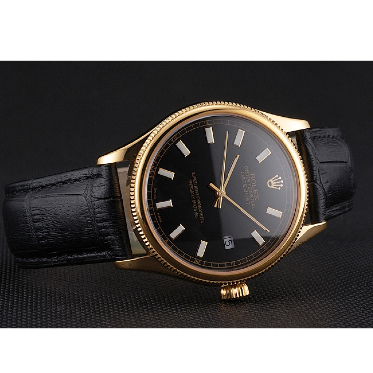Aaa replica Black Dial Gold Datejust Strap Swiss Case Rolex Black Leather 0521